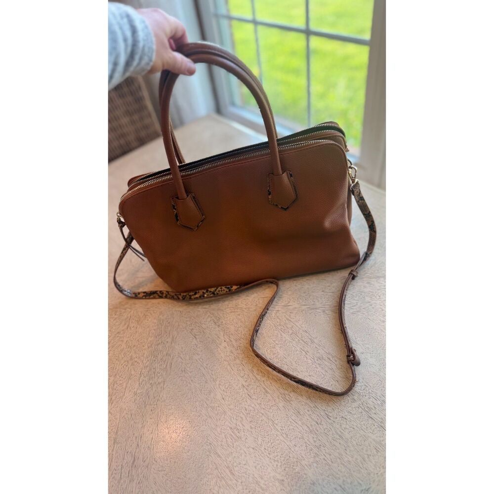 CAMATEU Brown Triple Compartment Satchel Handbag Snakeskin Crossbody Strap